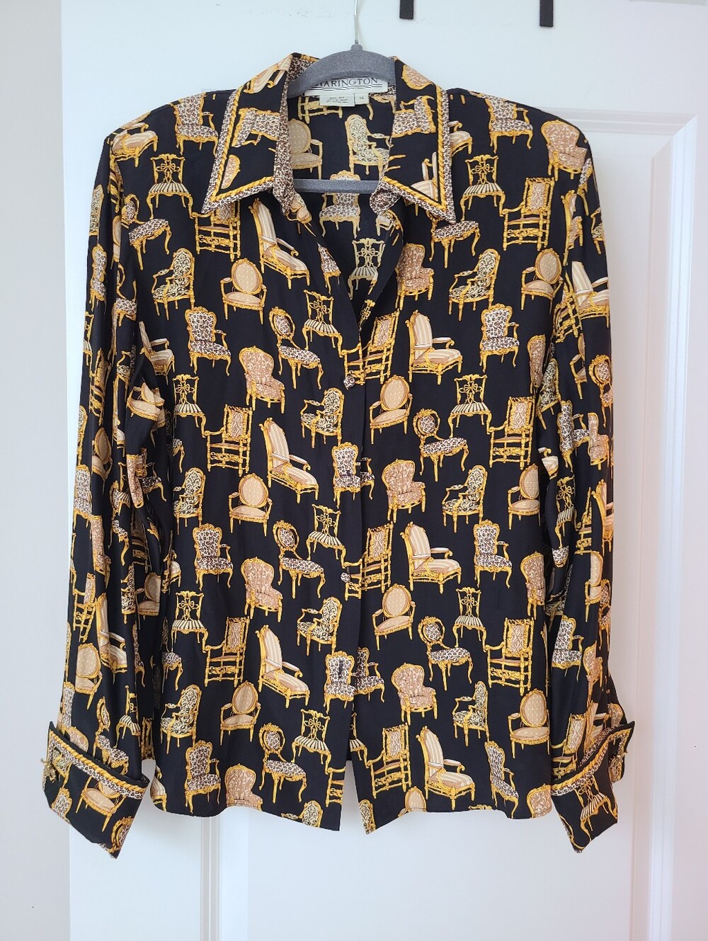 Starington 100% Silk Novelty Ornate Chair Print Button Down Blouse